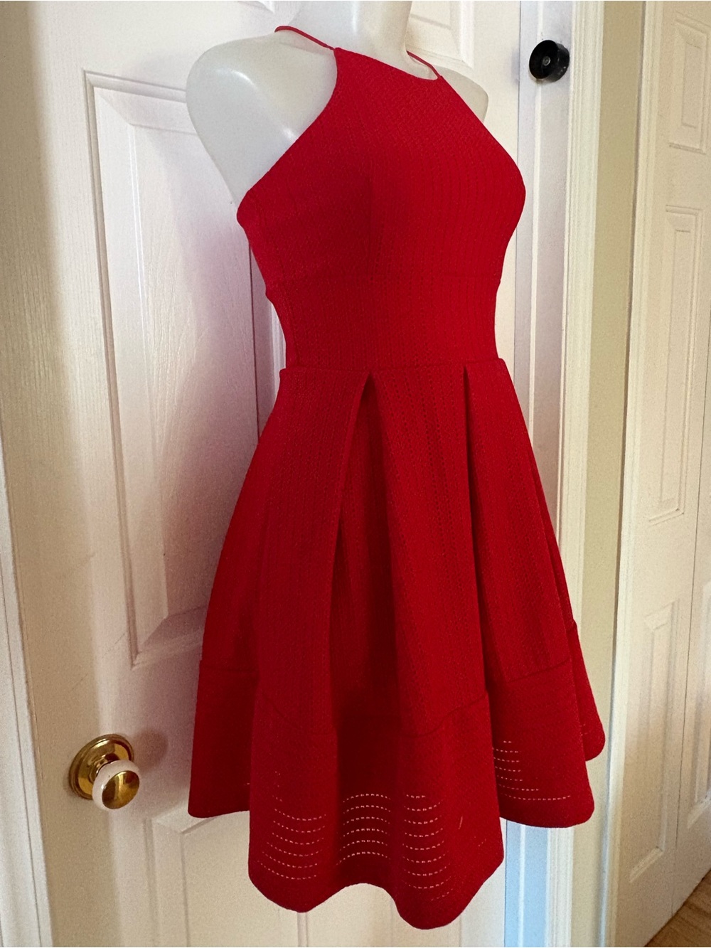 TWIK Simons Red Ribbed Halter Skater Dress Pleated Cutout Hem Sz XS - Picture 3 of 13